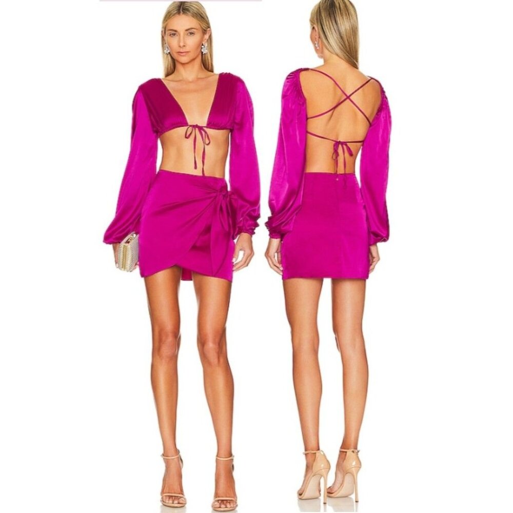 Superdown Twee With Bow Detail Pink Satin Mini Rissa Wrap Skirt Size Medium